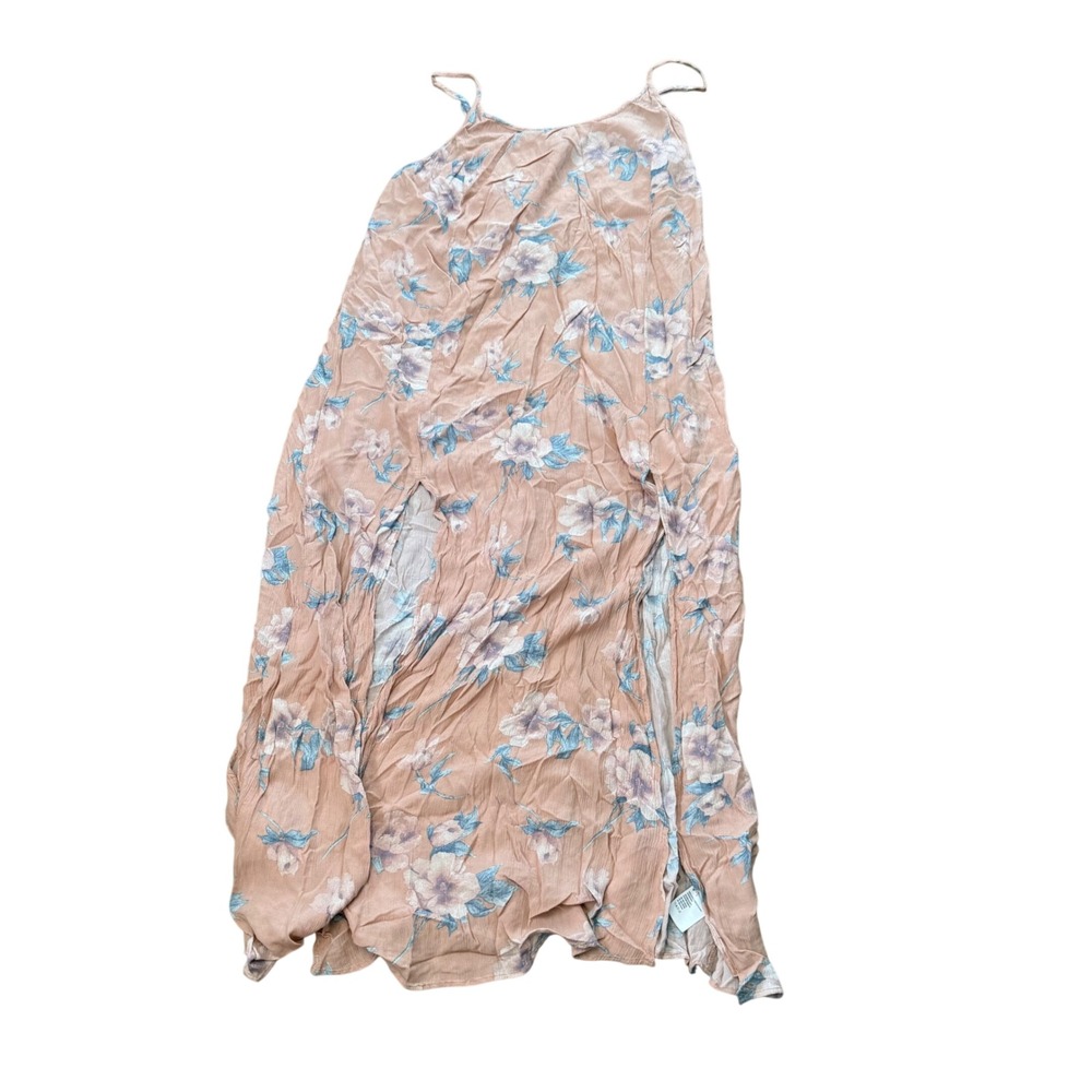 American Eagle Floral Maxi Dress Peach Pink Blue Slit Spaghetti Strap‎ Large